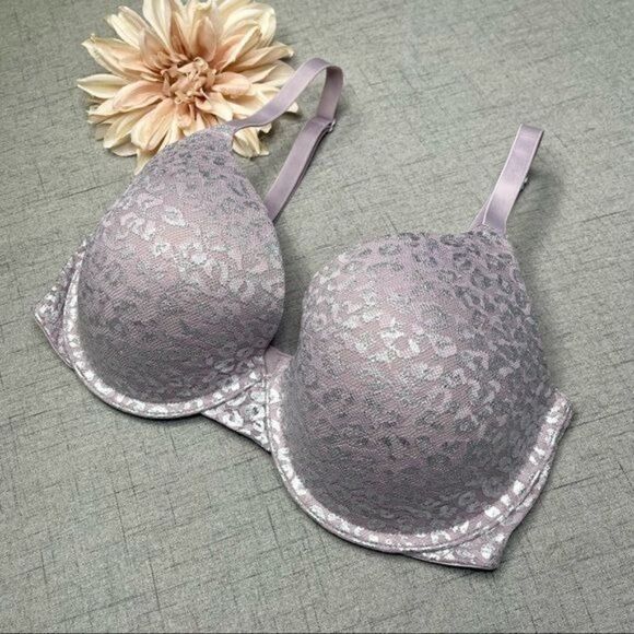 Victoria Secret Pink Wear Everywhere T Shirt Bra Purple & Silver Lace 34DD - Picture 4 of 9